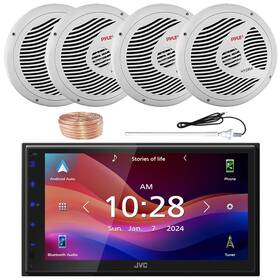 Kwm695bw-2plmr60w-eb18g50ft Jvc-pyle Rv Package 1-din Bluetooth Receiver 4x 6.5 Inch 150w Max White Speakers With Wire